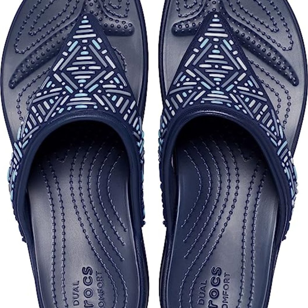 Crocs Monterey Embellished Wedge Flip Flops Navy, SIZE 7 NEW NEVER USED